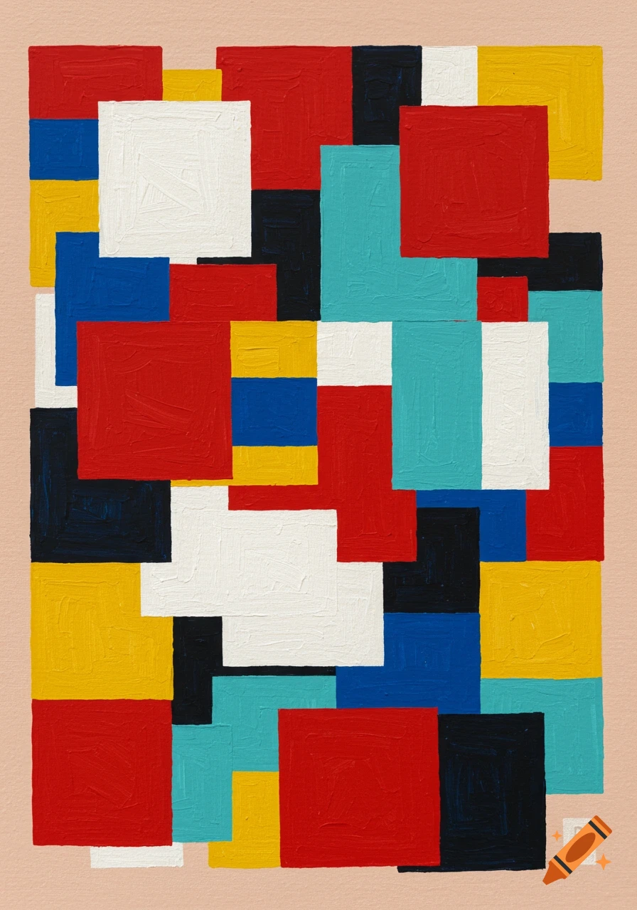 An abstract painting of overlapping textured squares in red, white, blue, yellow, black, and turquoise on a light beige background.