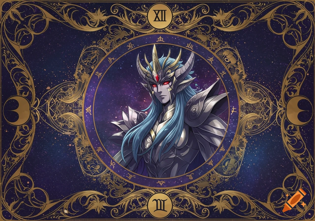 An anime character with blue hair, red eyes, and ornate armor within an intricate gold-bordered tarot card, against a cosmic purple background. Roman numerals XII and an M-like symbol are visible.