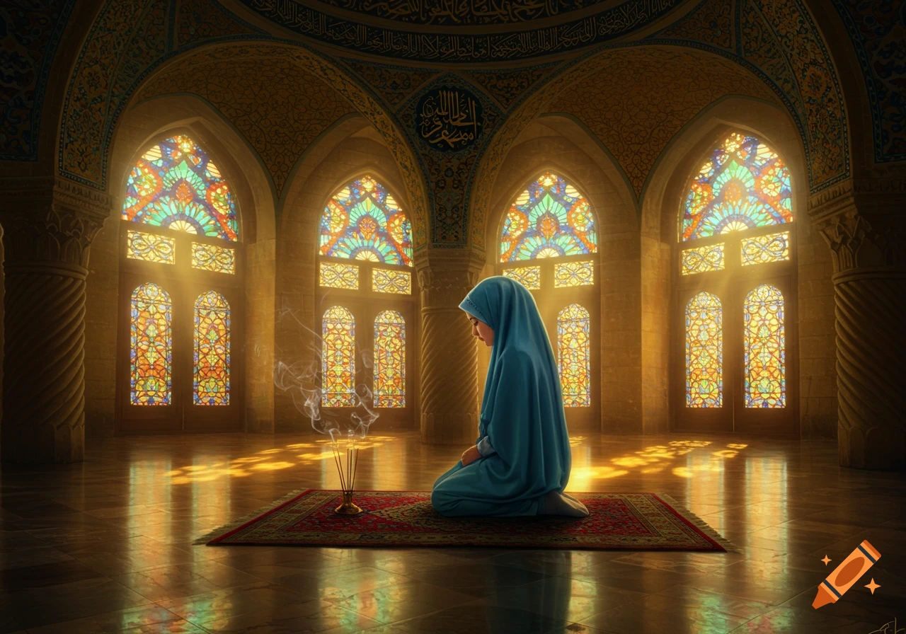 A person in a blue hijab kneels on a prayer rug in a beautifully lit mosque with stained glass windows and ornate calligraphy.