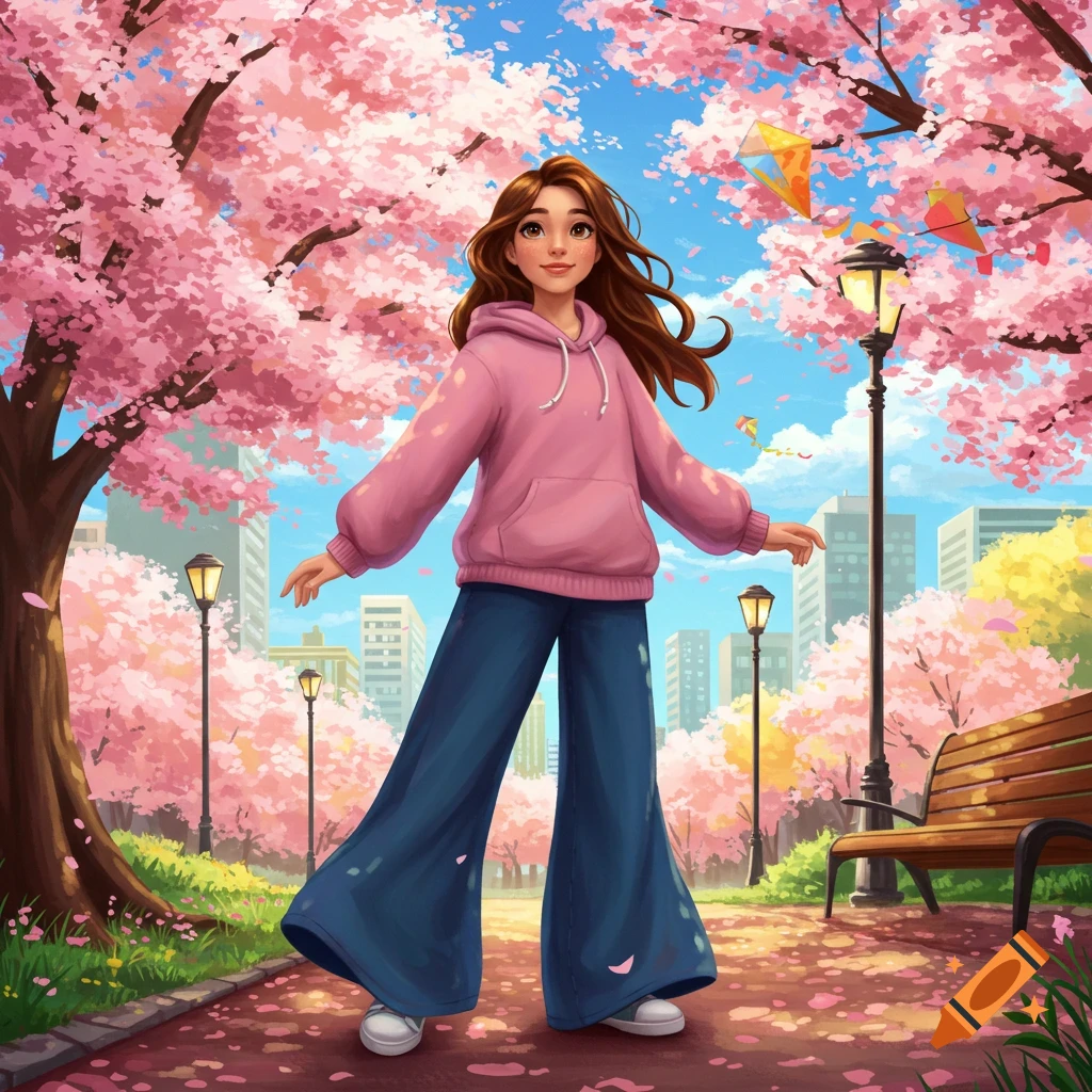 A cartoon girl in a pink hoodie and blue wide-leg trousers smiles in a park filled with pink cherry blossoms under a blue sky.