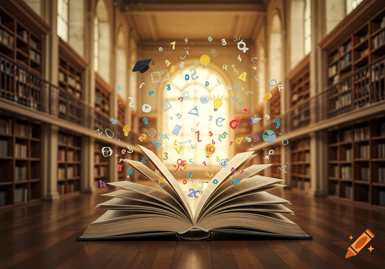 An open book on a wooden floor in a grand library, with colorful letters, numbers, and symbols floating up from its pages.