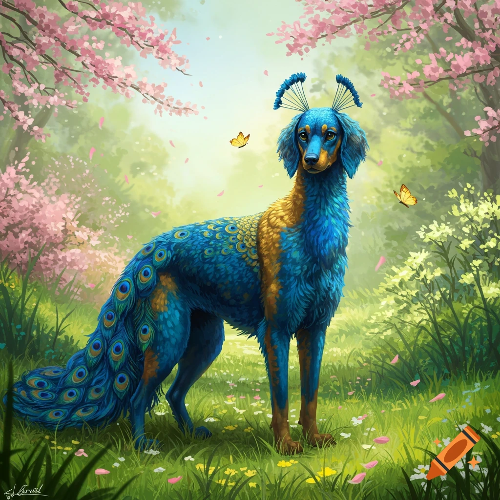 A blue and gold dog-peacock hybrid with peacock tail feathers stands in a vibrant spring meadow with pink blossoms and butterflies.
