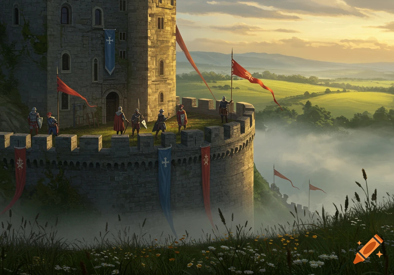 A majestic medieval castle keep stands on a misty hill at sunrise or sunset, with knights guarding its battlements and banners fluttering. Rolling green hills recede into the distance.