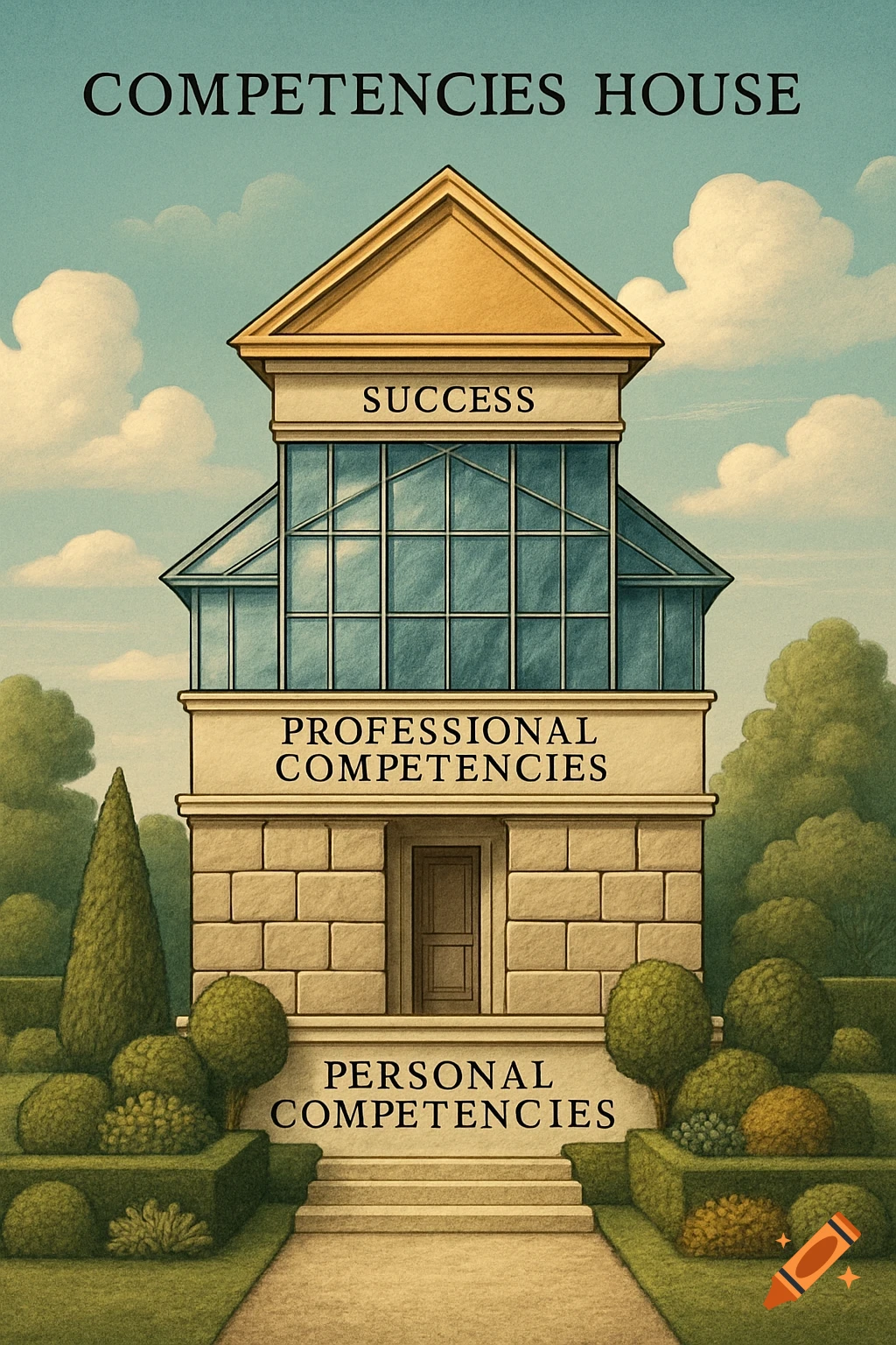 Conceptual illustration of 'Competencies House' with 'Personal Competencies' as the foundation, 'Professional Competencies' as the middle floor, and 'Success' as the roof, set in a garden.