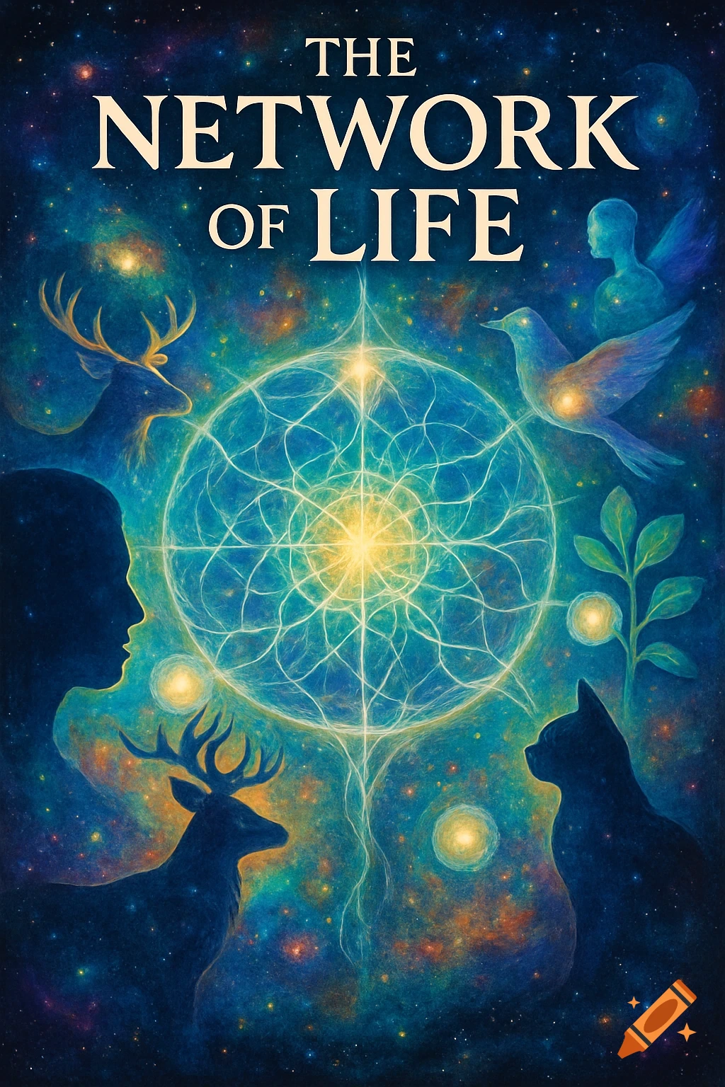 Digital art book cover titled "THE NETWORK OF LIFE" with silhouettes of a person, deer, cat, bird, and plants surrounding a glowing cosmic network.