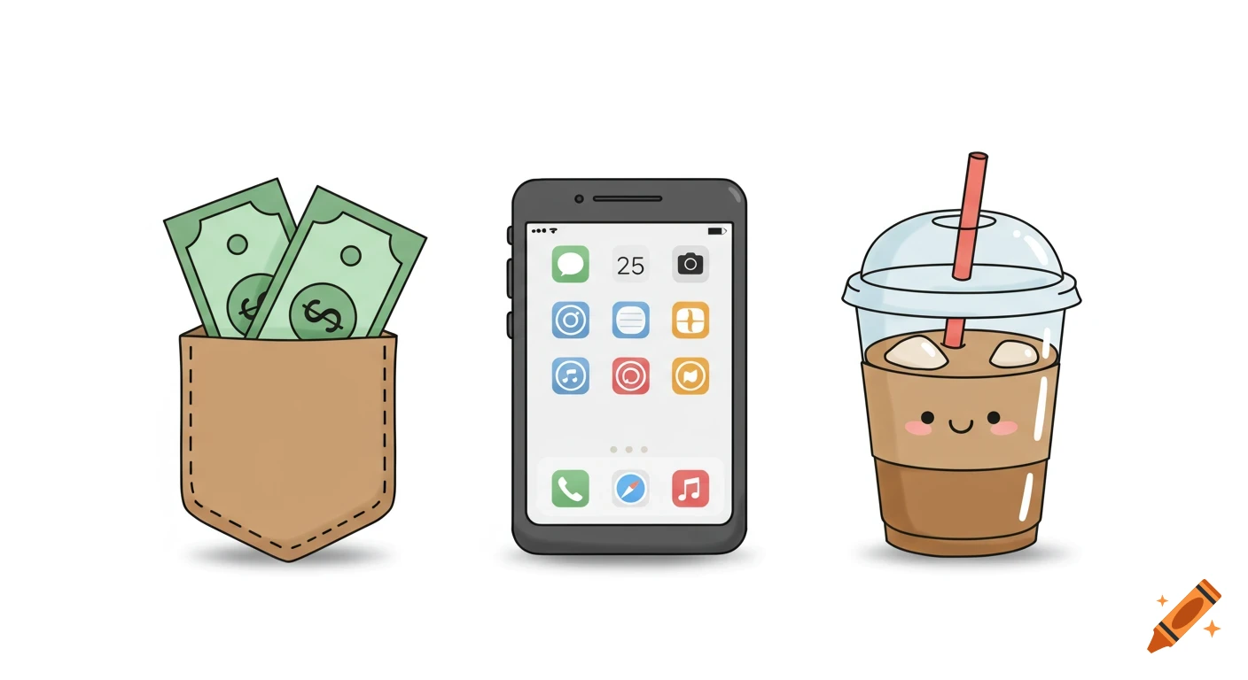 A cartoon illustration featuring a brown pocket with money, a gray smartphone, and a cute iced coffee on a white background.