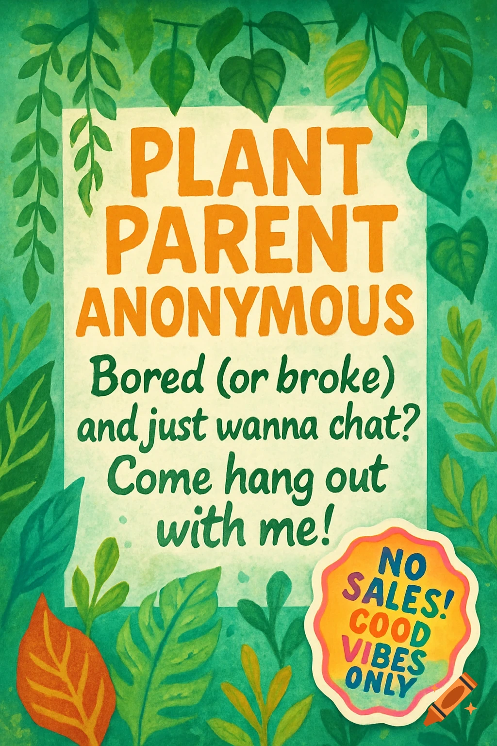 Textured illustration of a plant-themed flyer with the title 'PLANT PARENT ANONYMOUS' and a 'NO SALES! GOOD VIBES ONLY' sticker.