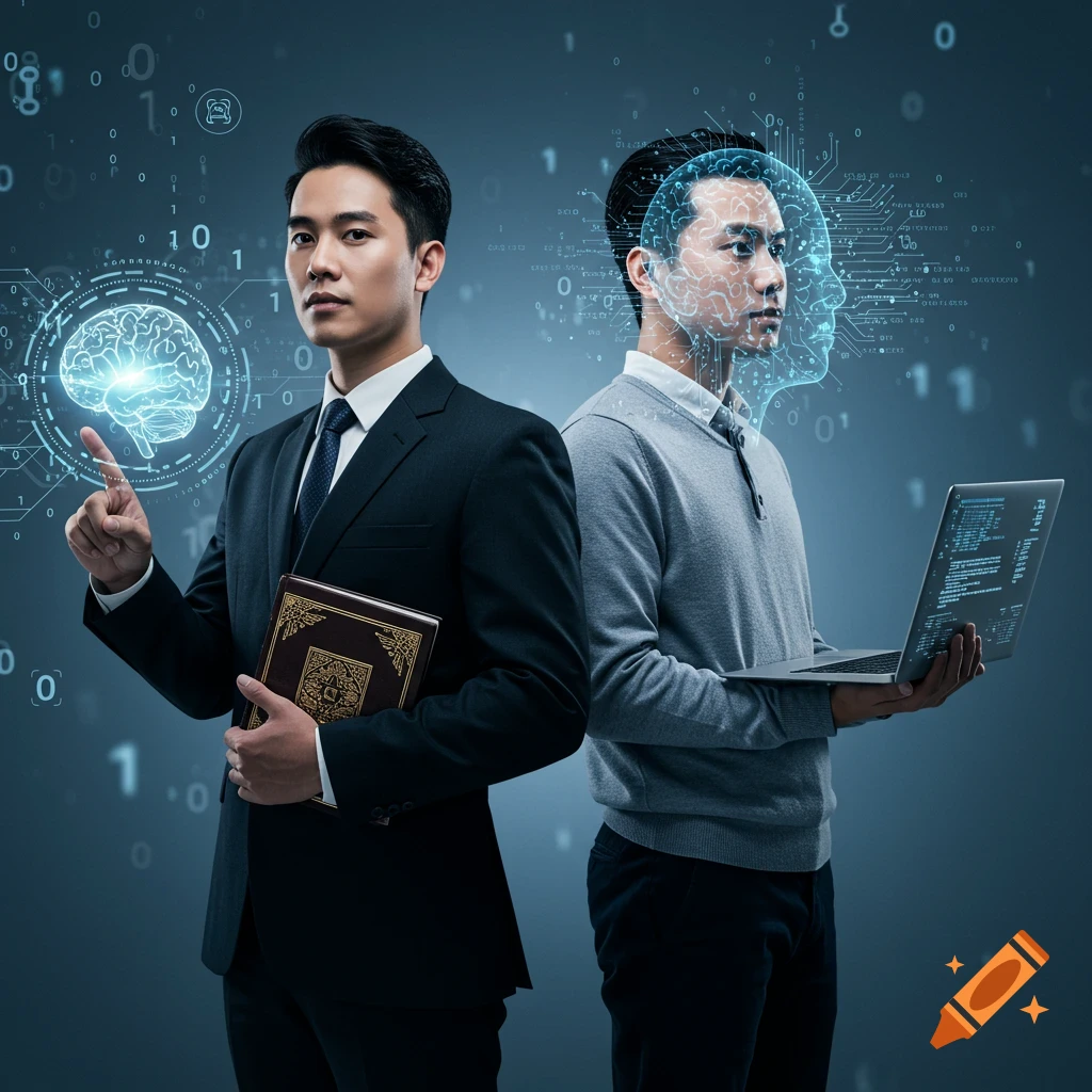 Two men, one in a suit holding a law book and pointing at a digital brain, the other in a sweater holding a laptop with an AI head superimposed. Binary code floats in a futuristic background.