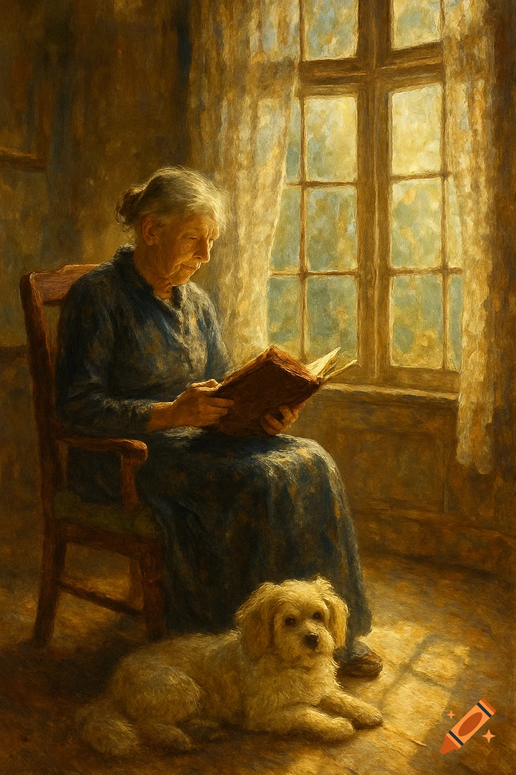 Impressionistic oil painting of an old woman reading a book by a sunlit window with a small dog at her feet.
