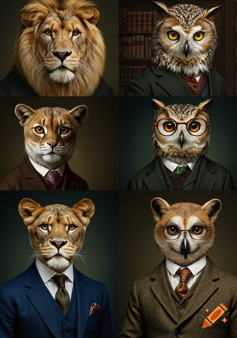 Six photorealistic anthropomorphic animal portraits: a lion, puma, lioness, two owls, and another furry animal, all wearing suits.