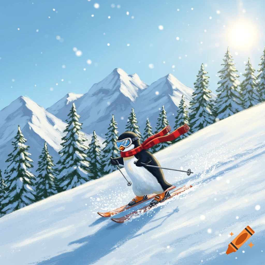 Cartoon penguin in goggles and red scarf skiing down a snowy mountain with pines and peaks.
