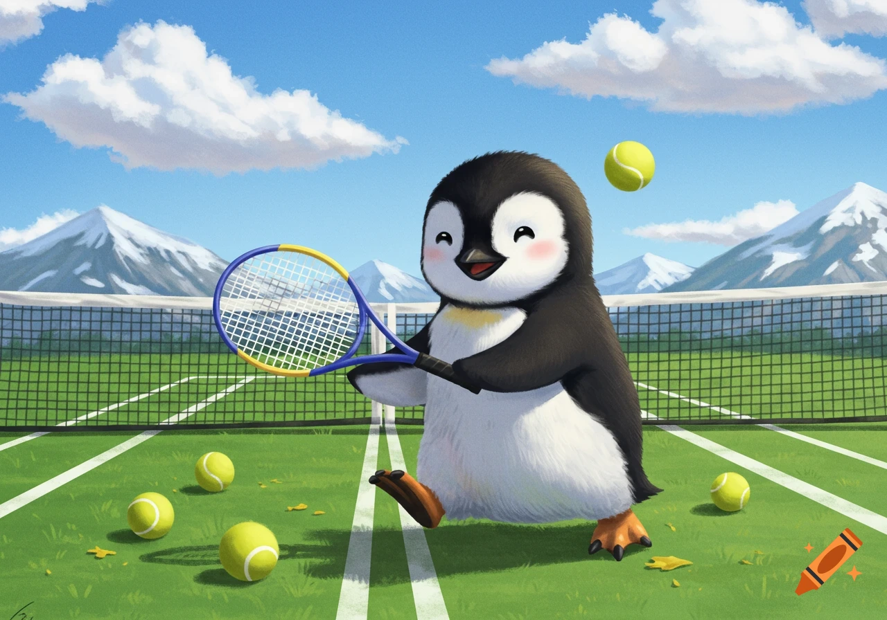 A cute cartoon penguin smiles while holding a tennis racket on a green court with tennis balls, mountains, and a blue sky.