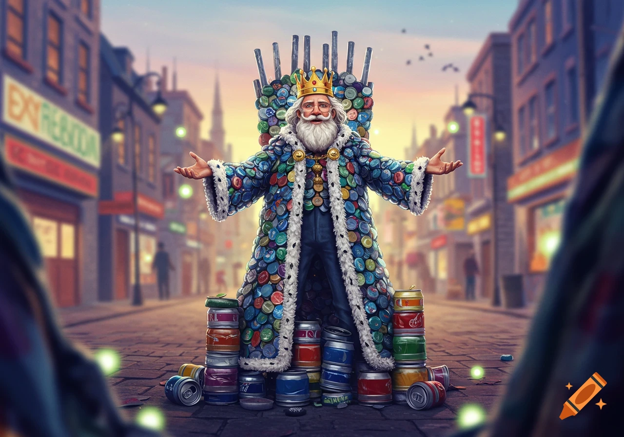 A whimsical king with a white beard and crown, wearing a coat made of colorful bottle caps, stands on a street with outstretched arms.