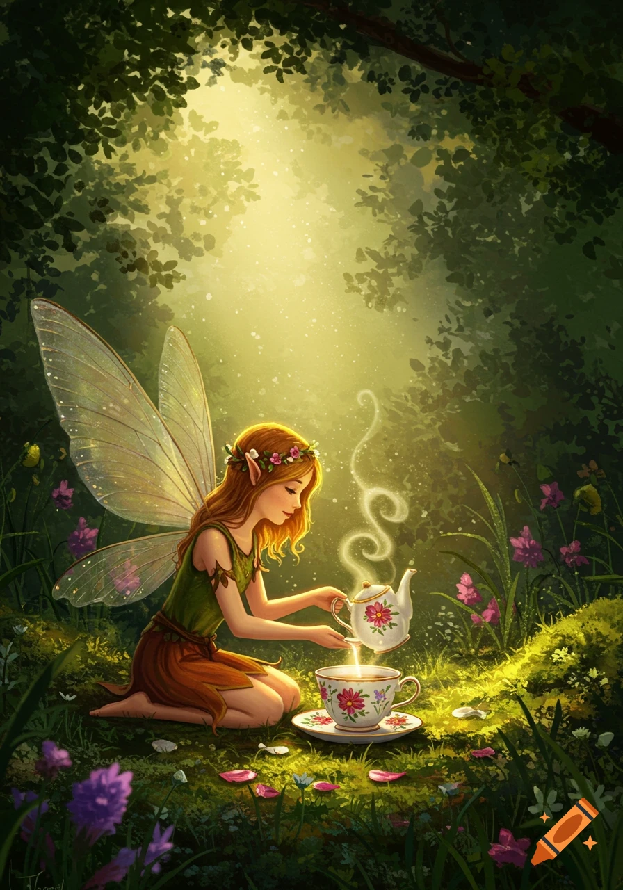 A winged fairy with a flower crown kneels in a sunlit forest, pouring tea into a decorated cup. Magical fantasy art.
