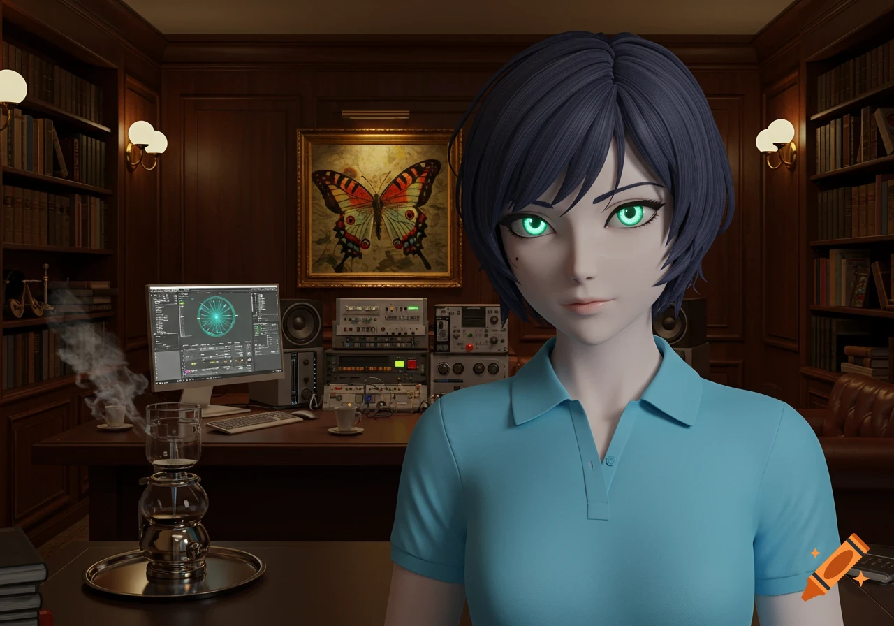 Anime character with glowing green eyes and dark hair in a blue polo, in a library with a desk, computer, and electronic equipment.