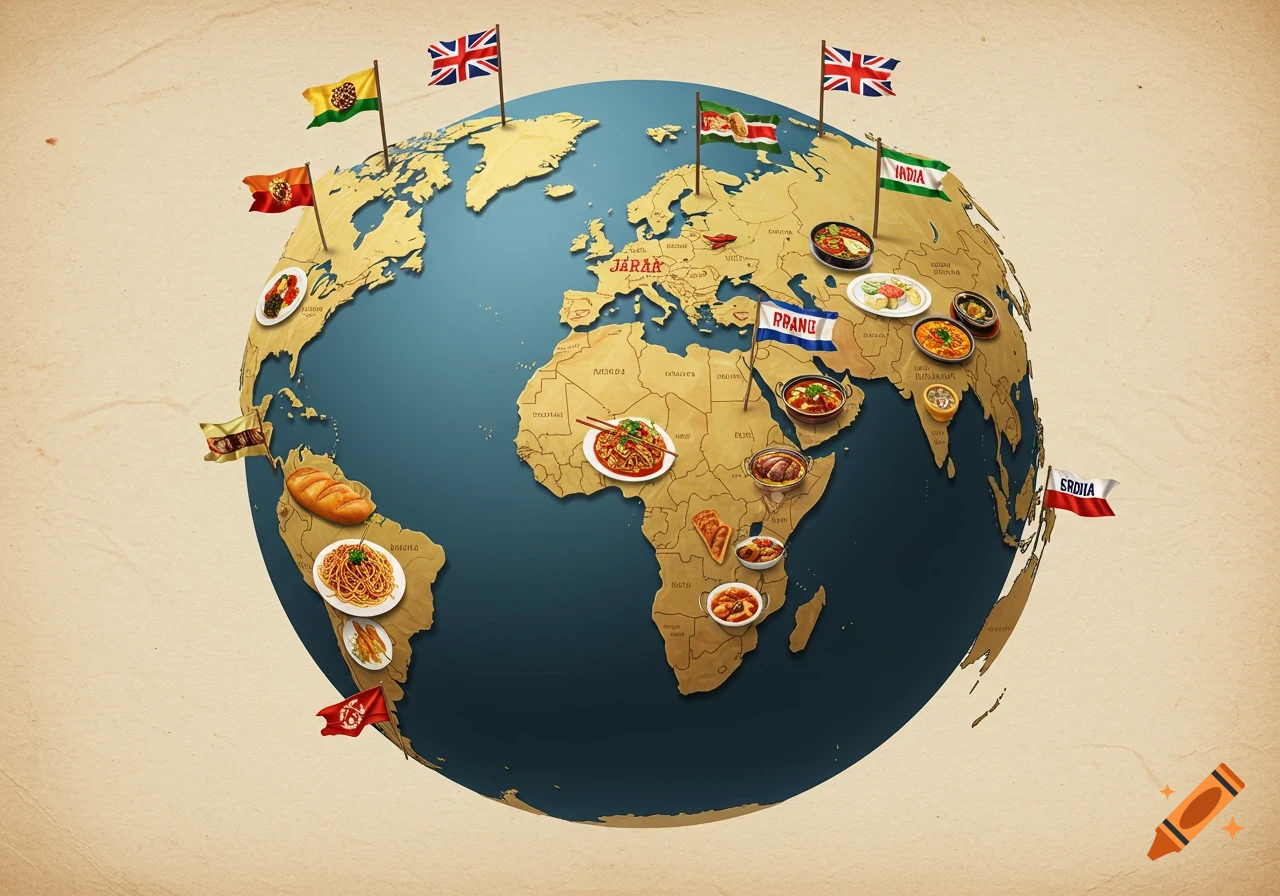 A stylized world globe map showing various national dishes and country flags placed on their respective continents.