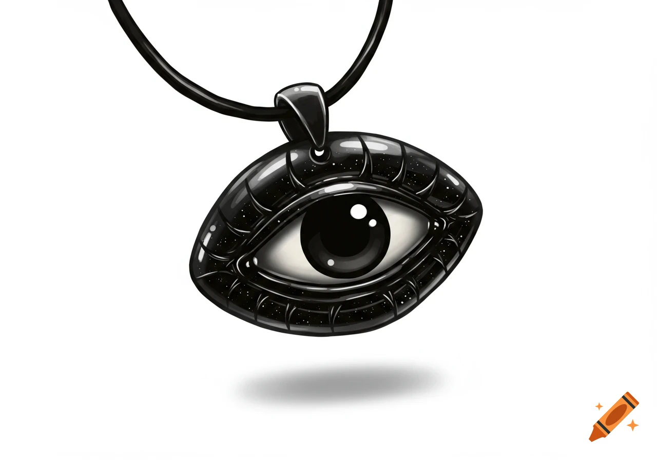 A stylized black obsidian eye-shaped pendant on a black cord against a white background in a clipart style.