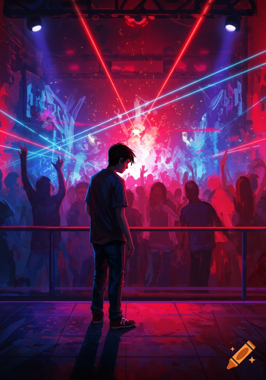 A lone figure stands looking down in a vibrant, neon-lit club, with a blurry crowd dancing in the background. Digital art.