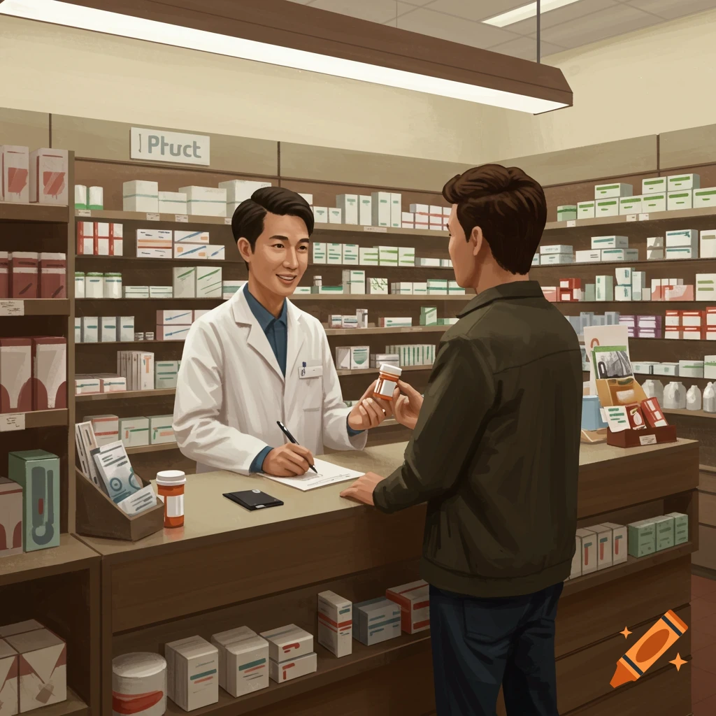 A pharmacist, wearing a white coat, hands a bottle of medication to a customer at a pharmacy counter, surrounded by shelves of medicine.
