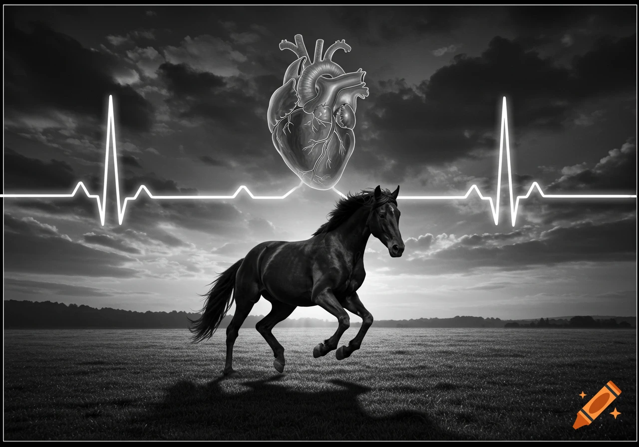 A black horse runs through a field under a cloudy sky, with an anatomical heart floating above and a glowing heartbeat line.