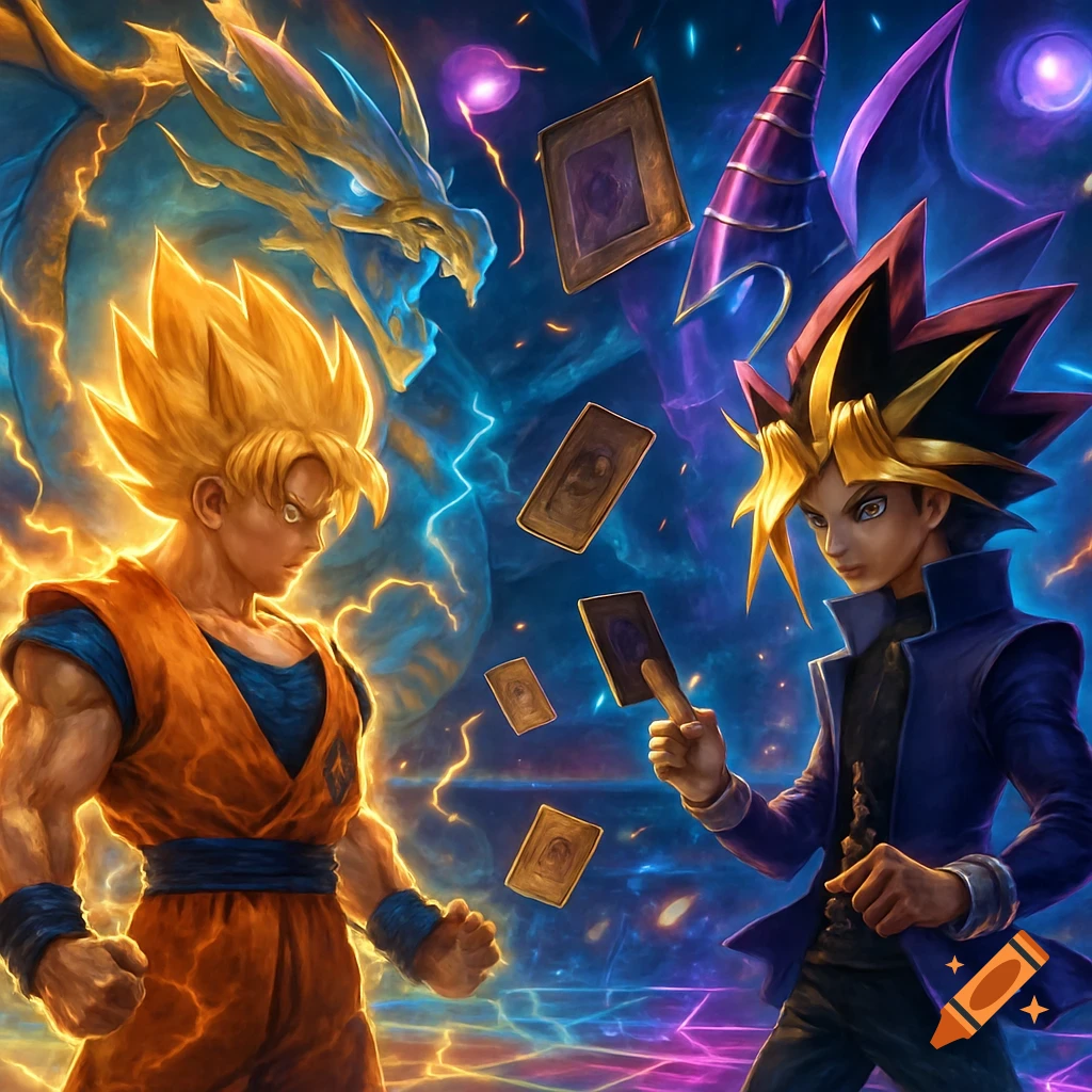 Goku and Yugi face off in an energetic anime battle, surrounded by glowing duel cards and mythical creatures.