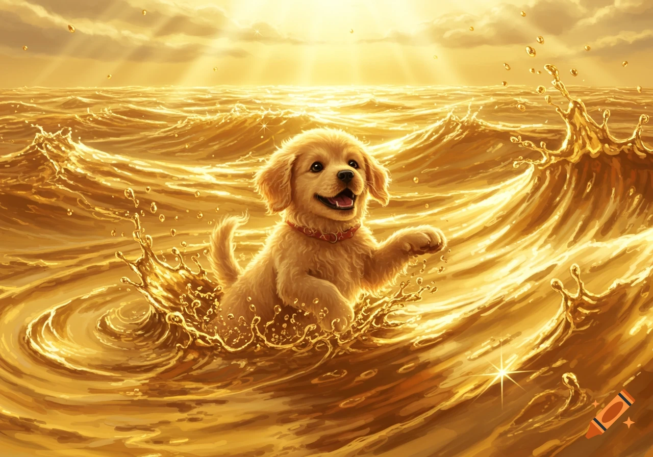 A happy golden retriever puppy splashes in an ocean of shimmering golden liquid under a bright golden sky.