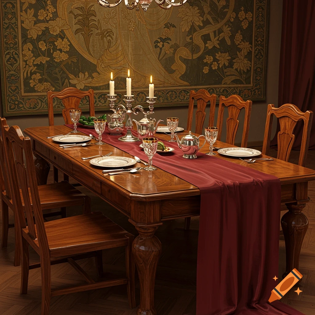 A formal dining table set with silverware, plates, crystal glasses, and lit candles, with a decorative tapestry in the background.