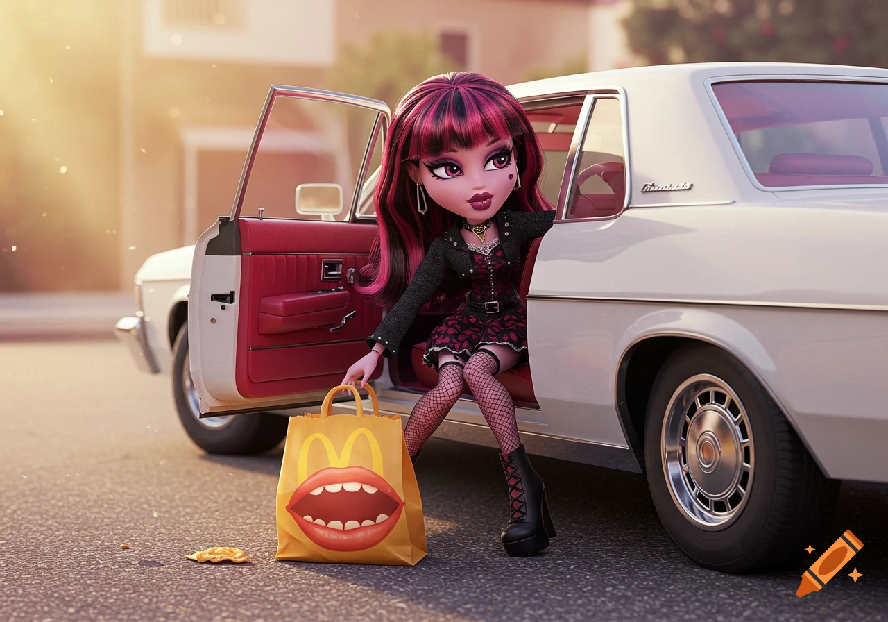 A stylized Draculaura doll in a black and pink outfit gets out of a white 80s car, holding a McDonald's fast food bag.