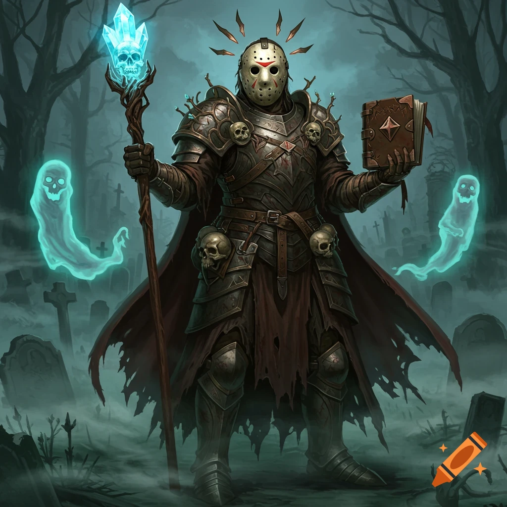 Armored dark fantasy warrior with a hockey mask, holding a glowing staff and book, standing in a misty graveyard with ghosts.