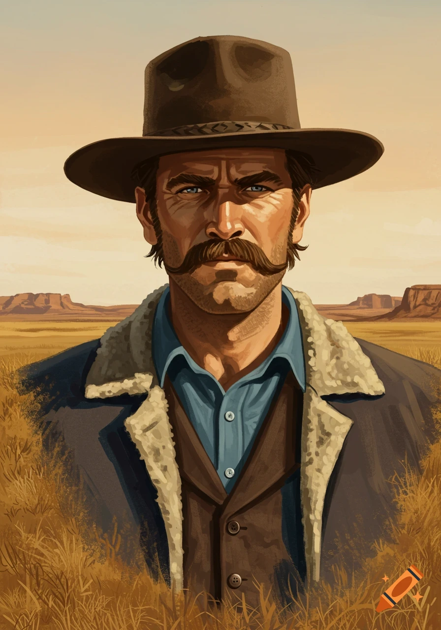 Stylized portrait of a rugged cowboy with a horseshoe mustache and hat, set against an open range with mesas.