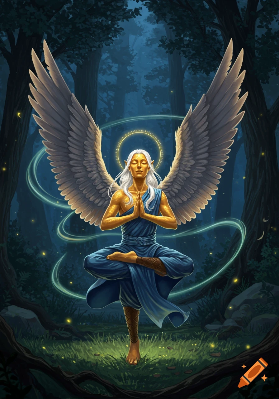 A golden-skinned winged figure with white hair meditates in a dark fantasy forest, surrounded by glowing wisps.