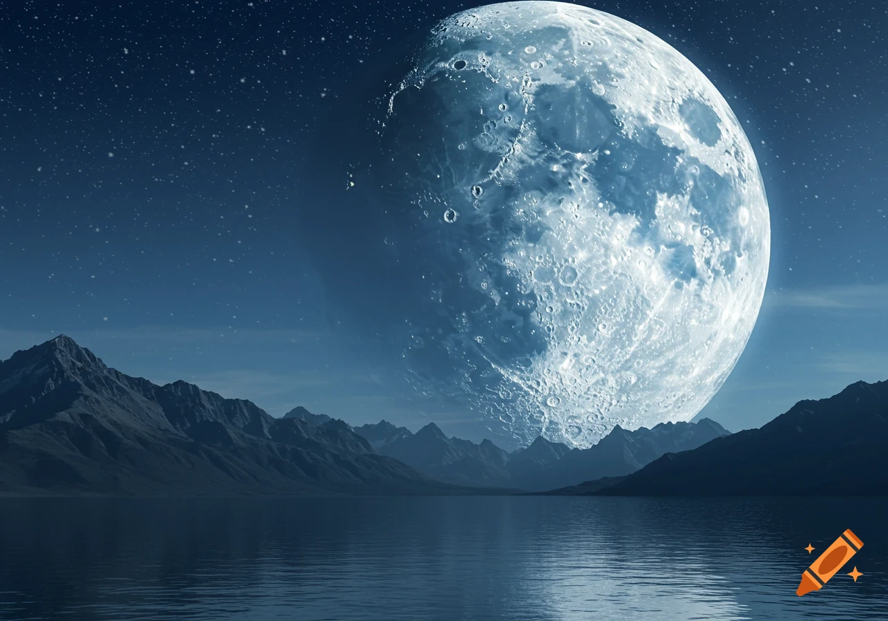 A massive, cratered moon illuminates a starry night sky above dark mountains and a reflective lake.