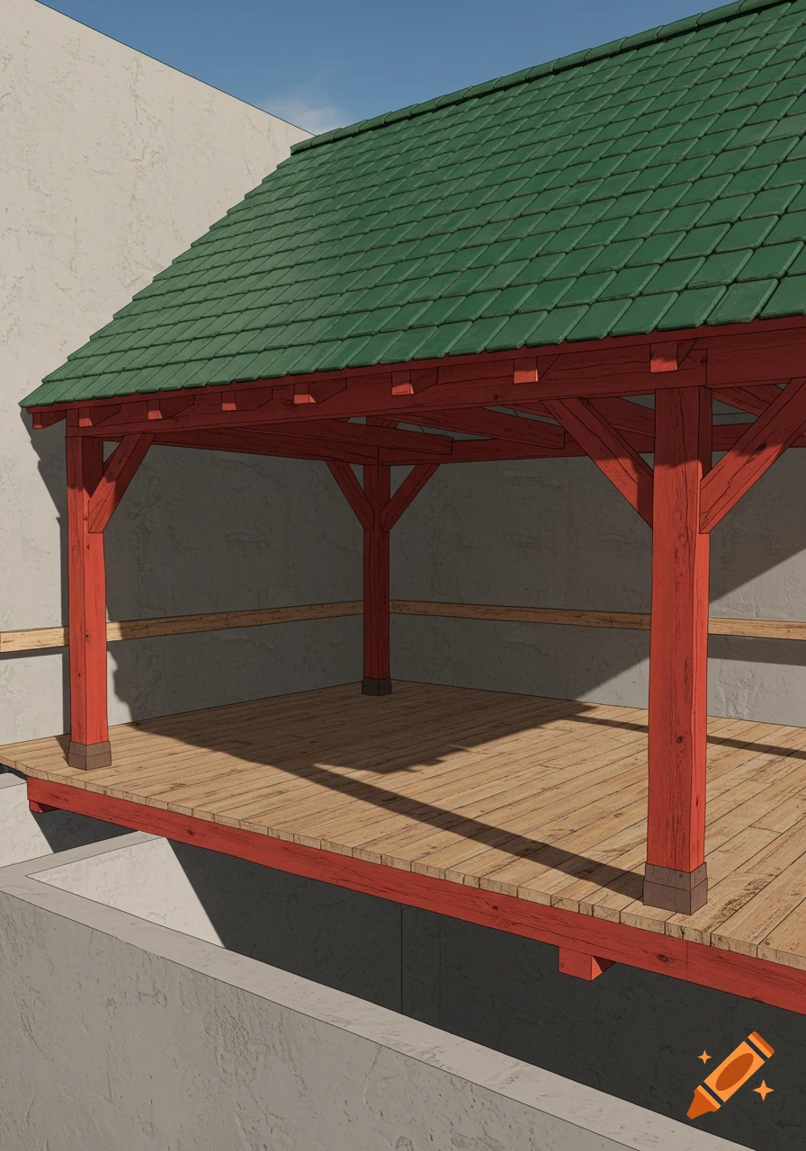 A wooden terrace structure with red posts and a green tiled roof, built against a textured beige wall under a blue sky.