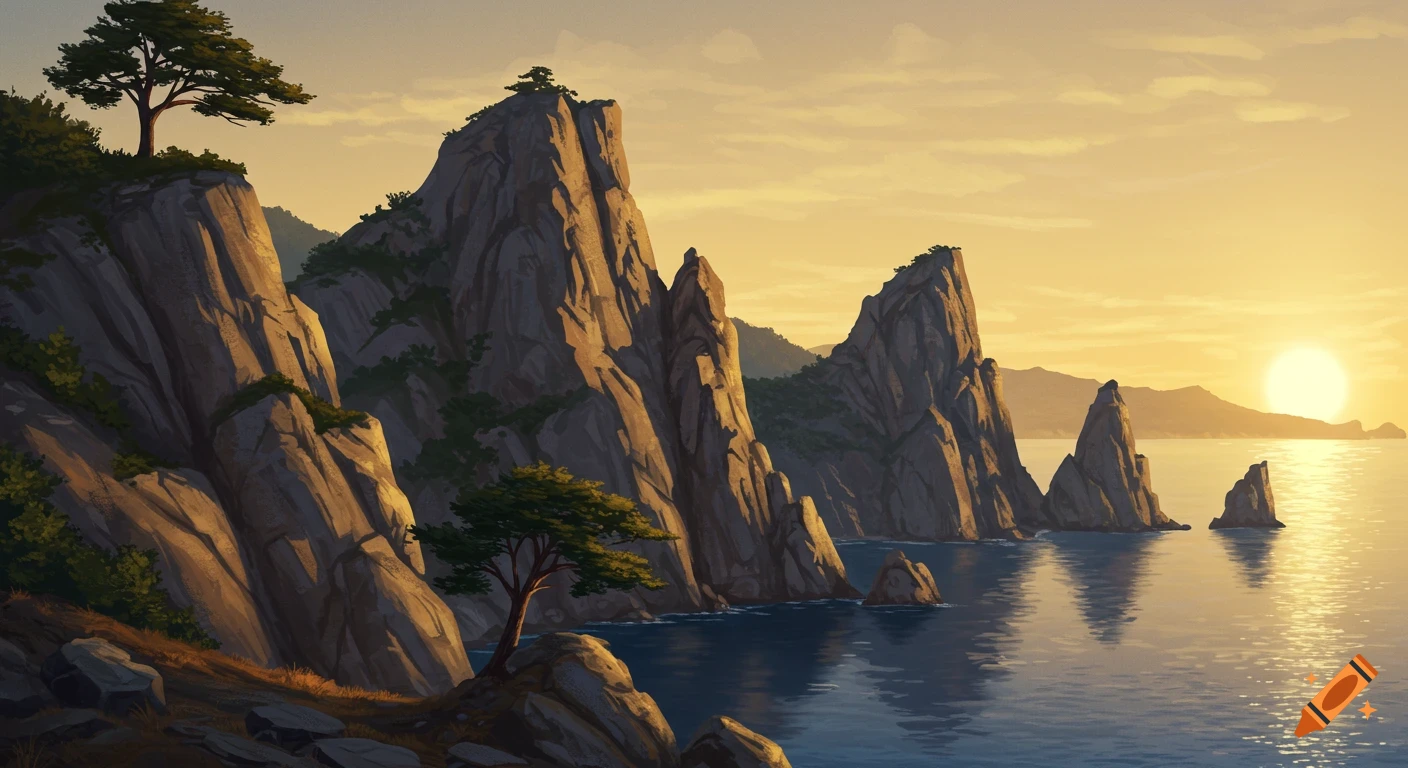 A serene digital painting of rocky mountains along a calm sea at sunset, with sparse trees on the cliffs.