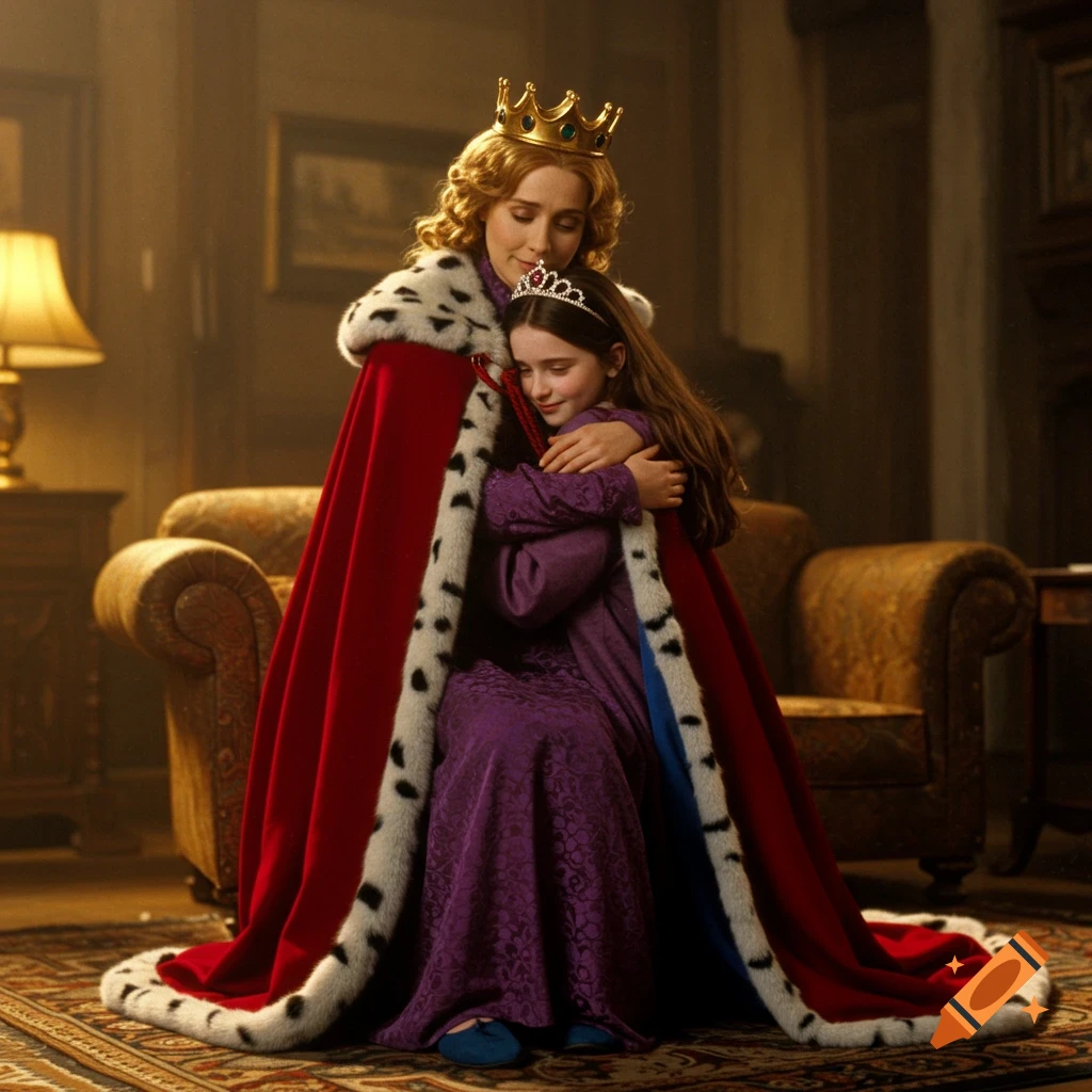 A woman in a red royal cloak and a crown hugs a young girl with a tiara and purple dress in a warmly lit room.