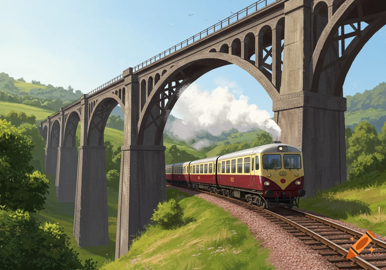 A red and yellow passenger train travels on tracks under a large stone arched bridge through a green, hilly landscape, illustration style.