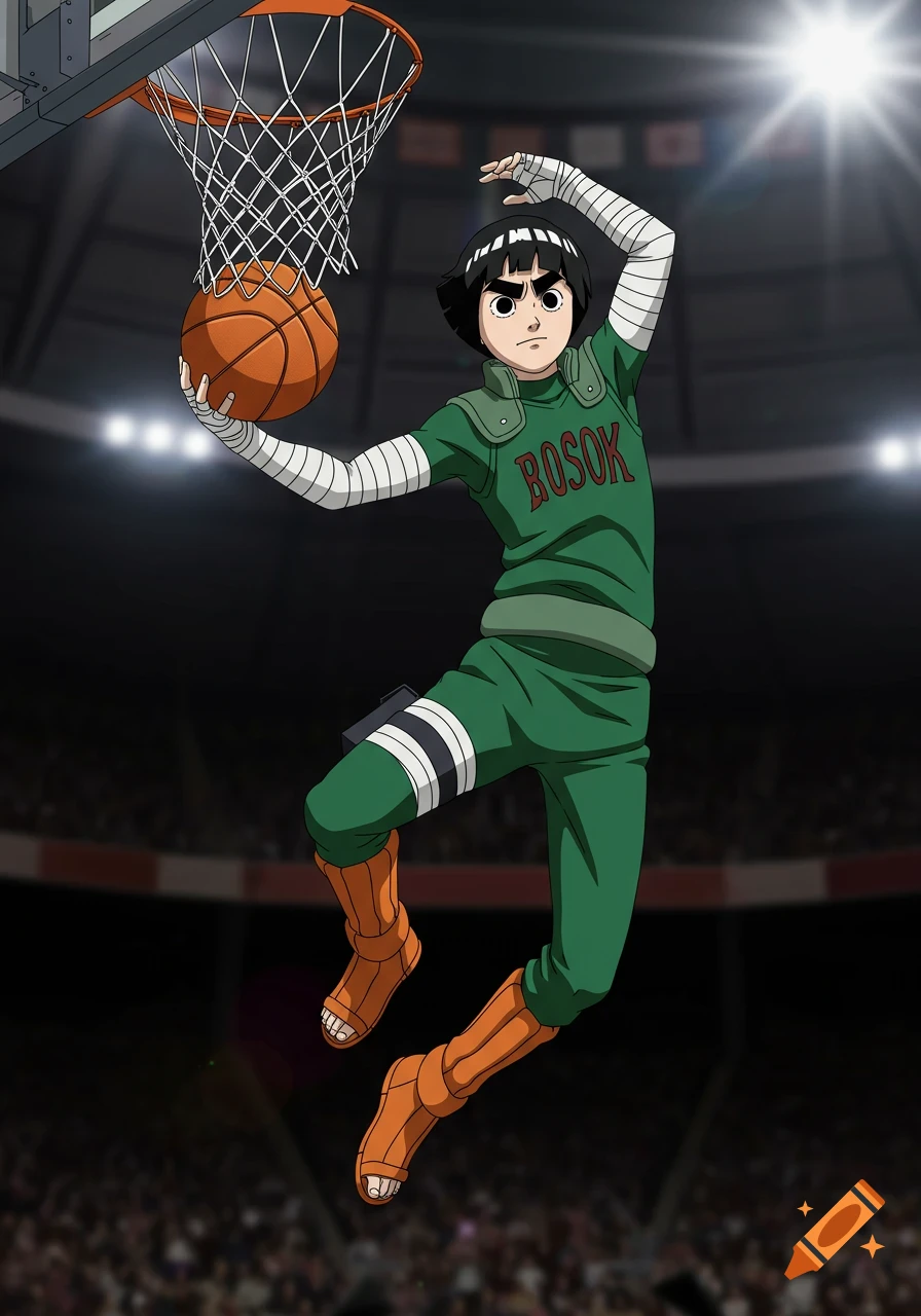 Rock Lee from Naruto, wearing a green jumpsuit, dunks a basketball in an anime style at an indoor arena.