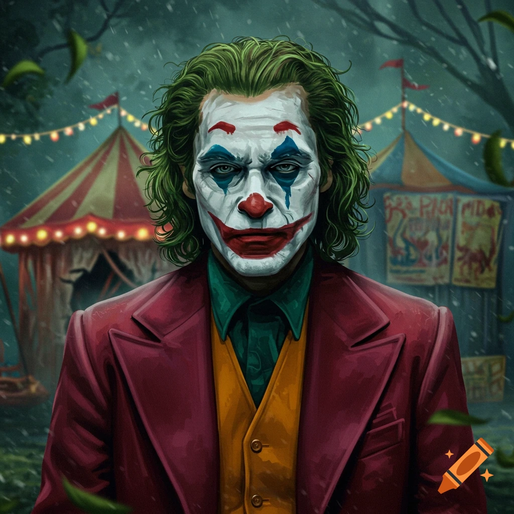 Digital illustration of the Joker with green curly hair, white face paint, red coat, standing in a rainy circus tent setting.
