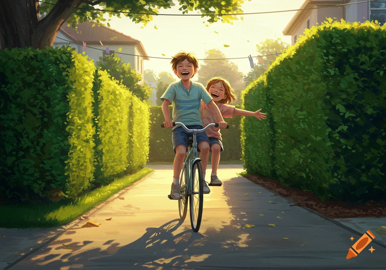 A happy boy rides a bicycle with a girl behind him, both smiling and laughing on a sunny path lined with hedges.