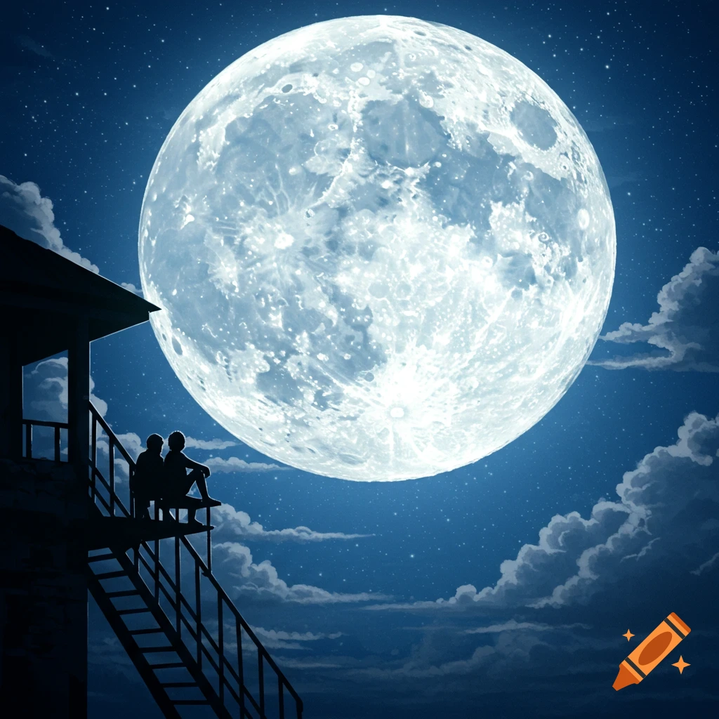 Two silhouetted people sit on a balcony, gazing at a huge, bright full moon in a starry night sky with clouds. Illustration style.