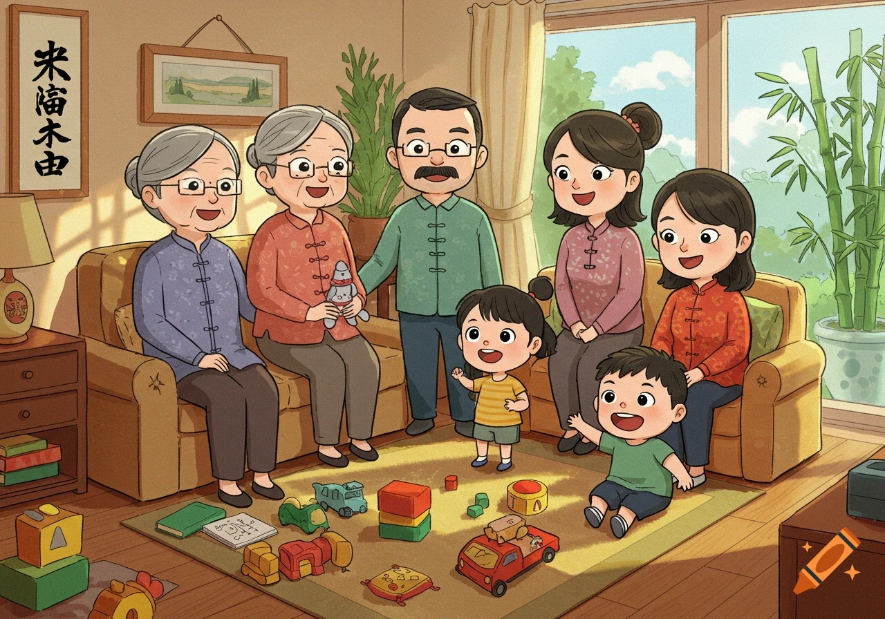 A cheerful Asian family with grandparents, parents, and two children in a cartoon living room filled with toys.