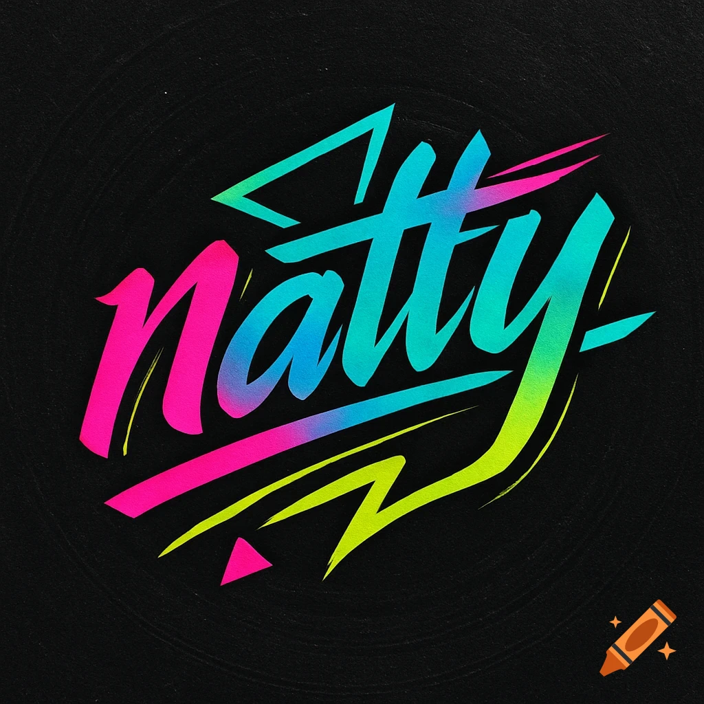 A vibrant, gradient, brushstroke logo for the word 'natty' with a 90s aesthetic on a dark background.