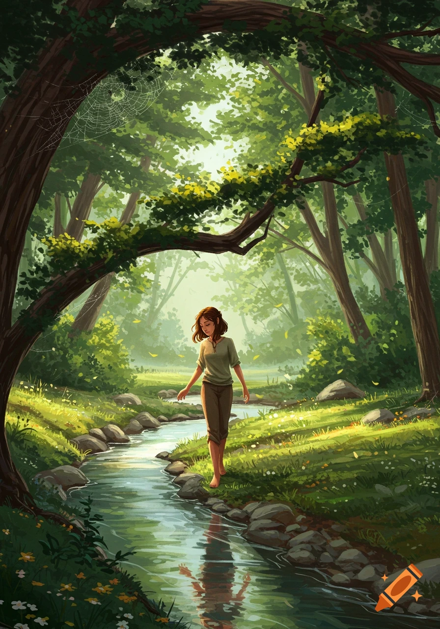 An illustration of a woman walking barefoot beside a stream in a lush, sunlit forest.