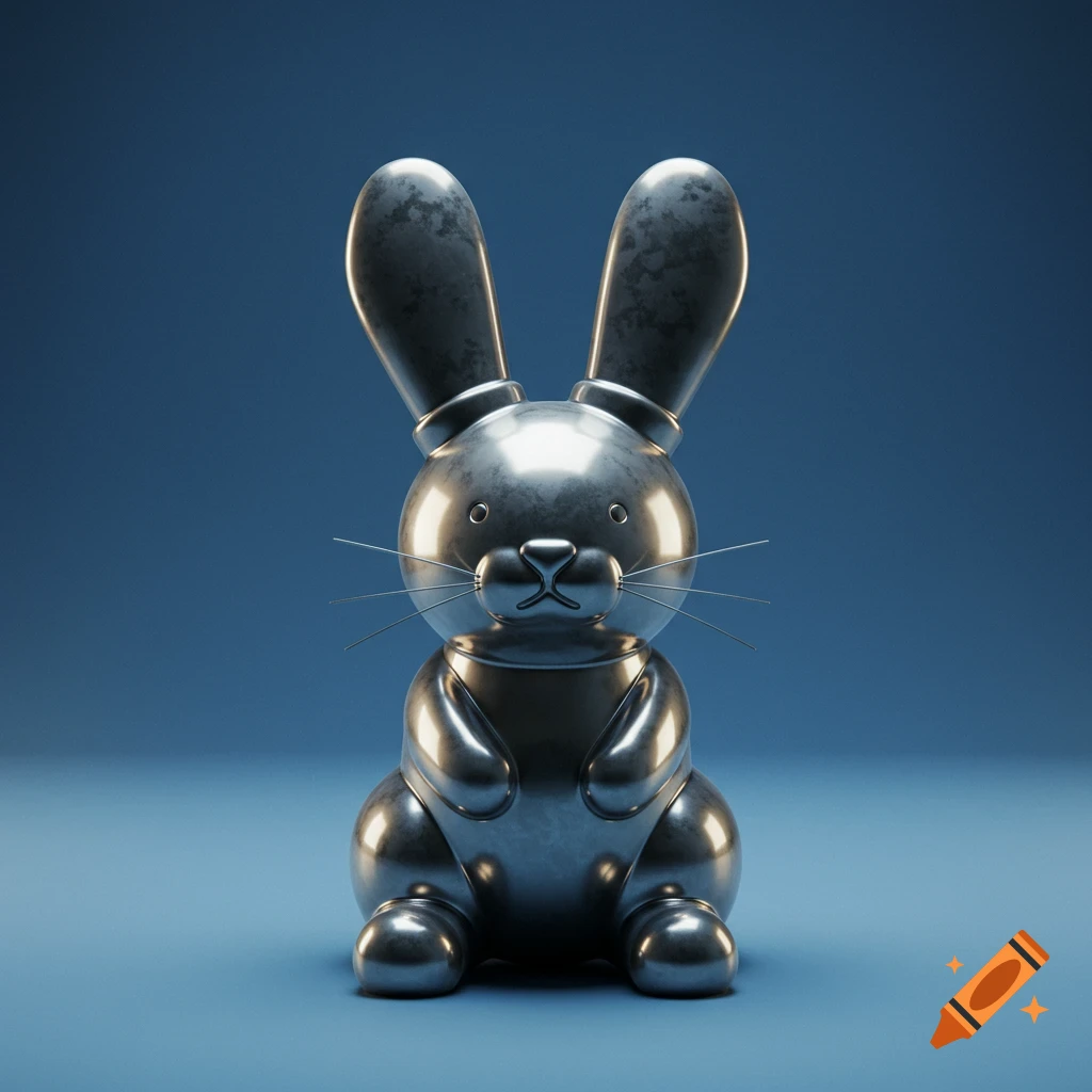 A shiny silver metallic bunny figurine against a blue background.