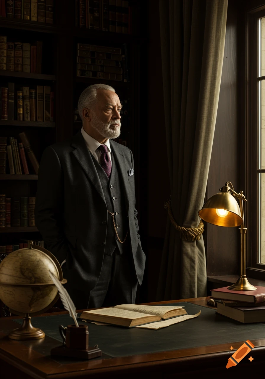 A distinguished older man with a white beard, wearing a suit, stands in a dim library looking out a window.