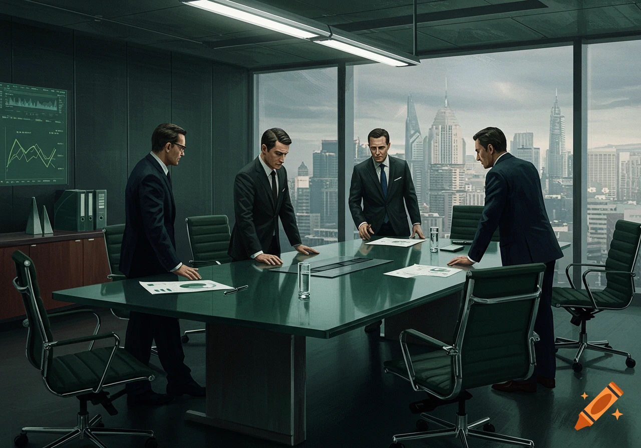 Four men in suits stand around a dark green conference table in a modern high-rise office with a city skyline view. Photorealistic style.