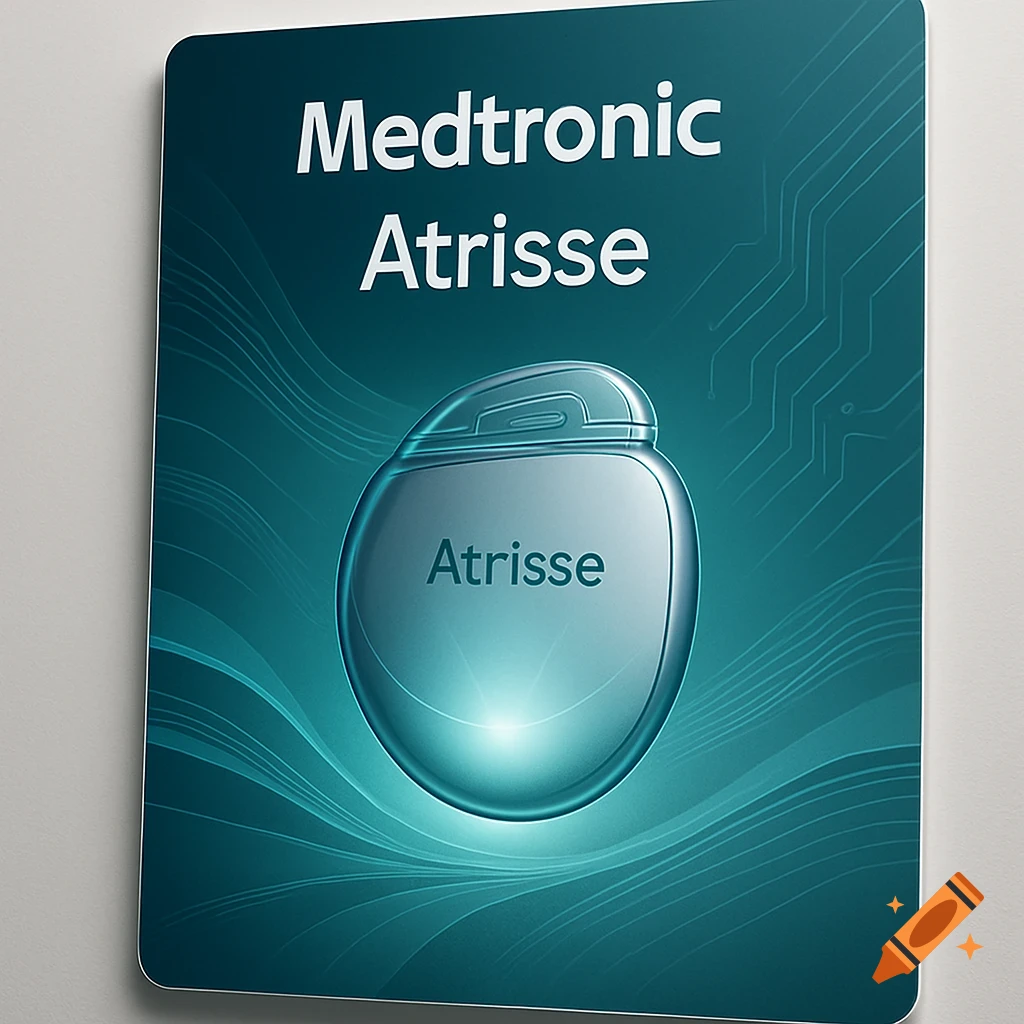 A sleek Medtronic Atrisse medical device on a dark teal foam board with circuit patterns.