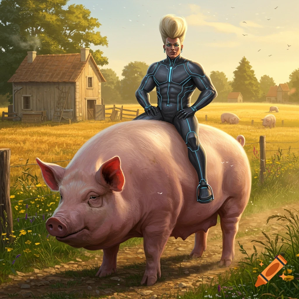 A person in a futuristic suit with a tall blonde hairstyle rides a giant pig through a sunny farm field.