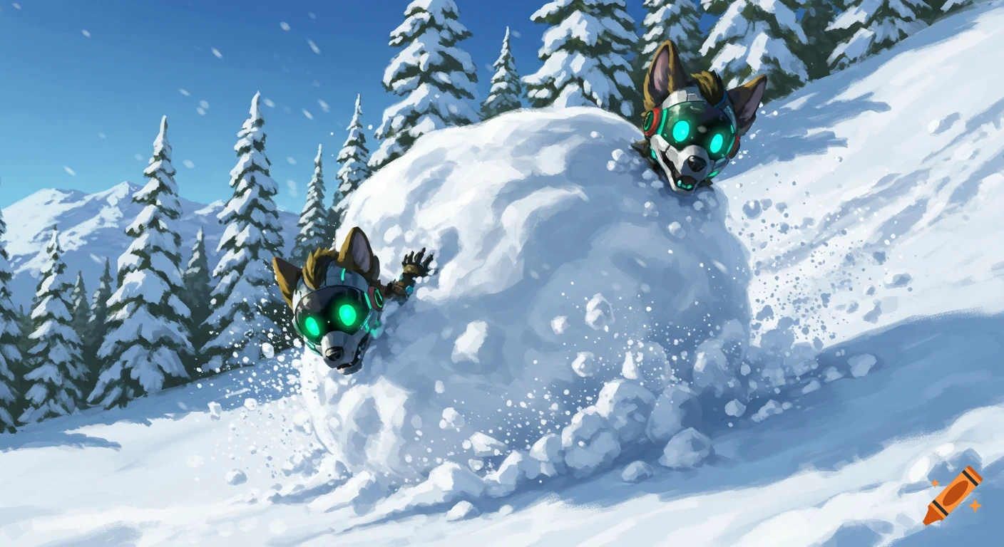 Two Protogen furries in a giant snowball roll down a snowy mountain with pine trees in a digital art style.