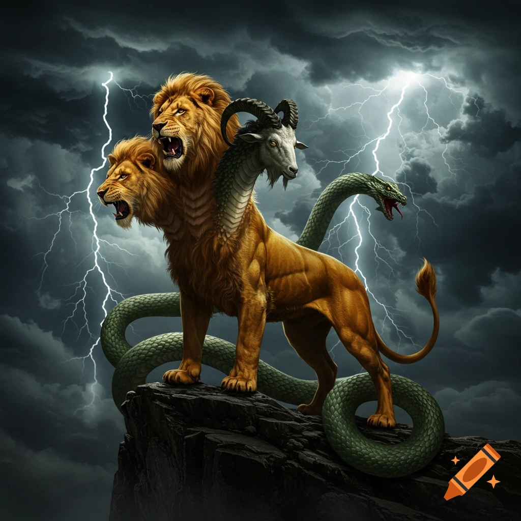 A majestic Chimera, a creature with two roaring lion heads, a goat head, and a snake's tail, stands atop a rocky peak against a stormy sky with lightning.